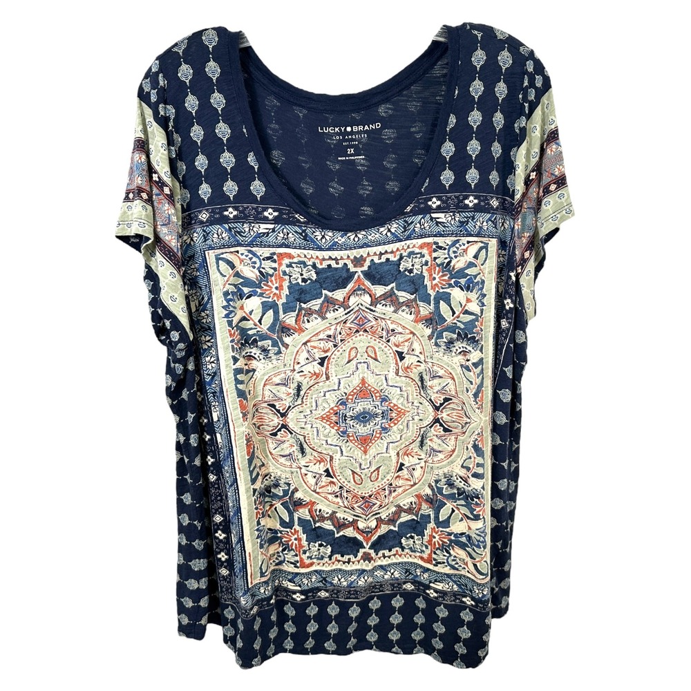 Lucky Brand Plus Size 2X Top Lotus Tee Navy Blue Medallion Tee Boho‎ Hippie 142